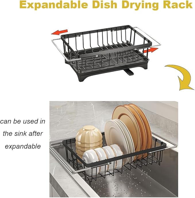WENVITA Expandable Dish Drying Rack Over Sink, Space-Saving Dish Racks for Kitchen Counter, Dish Drainer Rack in Sink with Removable Utensil Holders, 11.2" D x 14.5" W x 4.5" H, Black