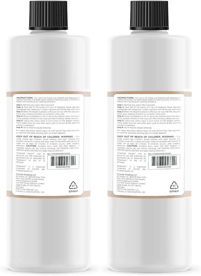Essential Values Descaling Solution Compatible with Nespresso - Coffee Descaler - Coffee Maker Cleaner - Kettle, Espresso Machine Cleaning - 12 Month Supply 2-Pack