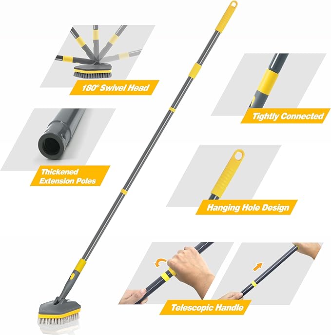 Daliper Shower Scrubber with Long Handle for Cleaning, 56" Extendable 3 in 1 Shower Cleaner Brush, Interchangeable Tub Scrub Brush Attachment for Cleaning Bathroom Bathtub Floor Wall