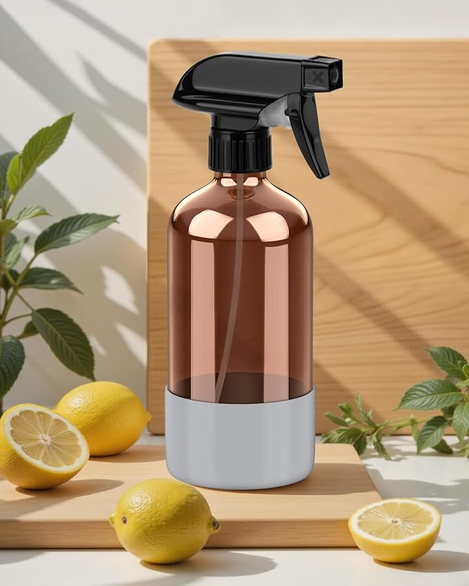 Bontip Amber Glass Spray Bottle with Silicone Sleeve Protection, 16 oz Refillable Spray Bottle for Cleaning Solutions, Plants, Aromatherapy, Facial Hydration (Grey Sleeve(Amber Bottle)