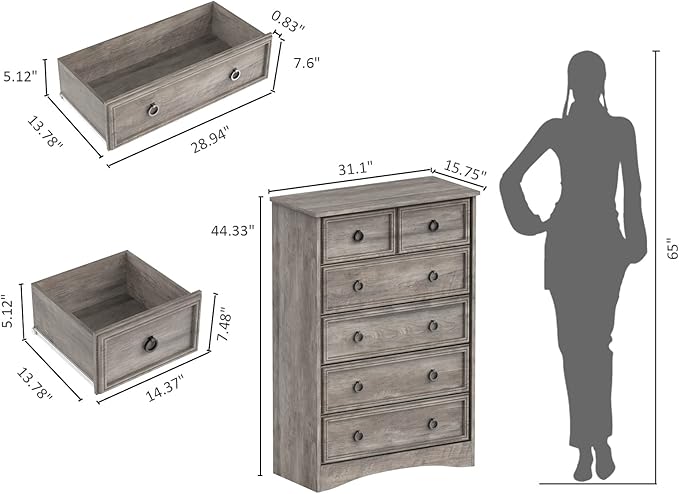 LGHM Modern Dressers for Bedroom with 6 Drawers, 6 Drawer Dresser, 44.33" Tall Chest of Drawers Closet Organizers & Storage Clothes - Easy Pull Handle, Textured Borders for Living Room, Hallway, Gray