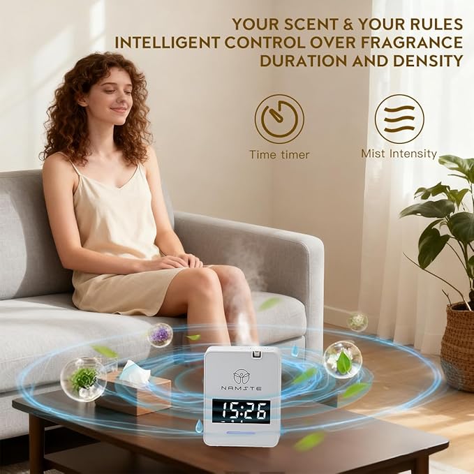Waterless Diffuser - HVAC System Essential Oil Diffuser with Clock - Whole House & Hotel Coverage 3000 Sq. Ft, 300ML Scent Machine Smart Oil Level Monitoring, Bluetooth Control, Cold Air Tech