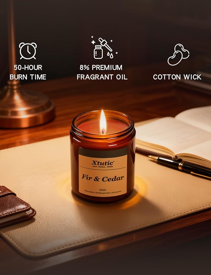 Soy Candle Gifts for Women & Men - 7oz Brown Scented Candle,50-Hour Burn Time,Aromatherapy Jar for Home Decor,Relaxing Ambiance in Bedroom & Office(Fir Cedar)