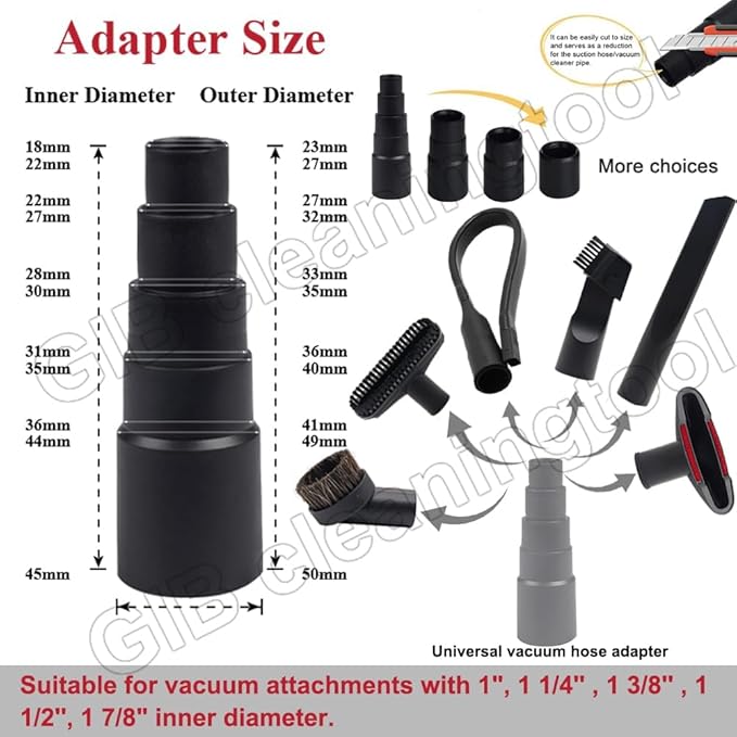 9 Pcs Household Cleaning Vacuum Cleaner Attachments for Shop Vac Accessories - 2 1/2" to 1 1/4" Vacuum Hose Adapter, 1 7/8" to 1" Adapter for Shop Vac, 1 1/4" Vacuum Brush Flexible Crevice Tool