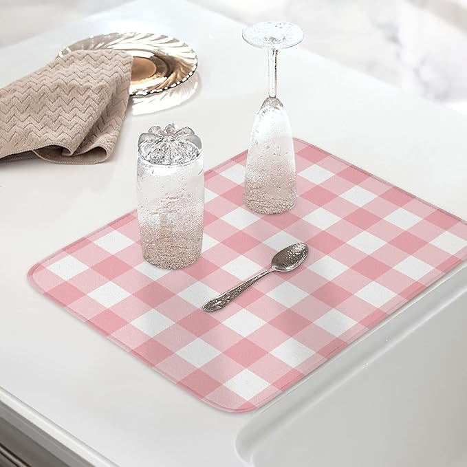 Pink Buffalo Plaid Dish Drying Mat for Kitchen Counter Valentine's Day Drying Pad Absorbent Drying Mats for Countertops Sinks Draining Racks Check Drainer Valentines Holiday Decorations 18x24 Inch