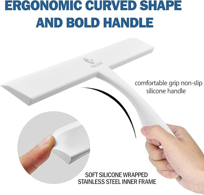 ROLIZOE Shower Squeegee for Glass Doors, 11 Inch Ergonomics Anti-Rust Silicone Squeegee with Stainless Steel Frame for Shower Glass Door, Mirrors, Tiles and Windows Cleaning, White