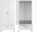 COFaR Metal Armoire Wardrobe Closet with Drawer, 71'' Tall Farmhouse Bedroom Armoires with Doors and Hanging Rod, Freestanding Steel Wardrobe Cabinet Coat Closet for Bedroom Home Office, White