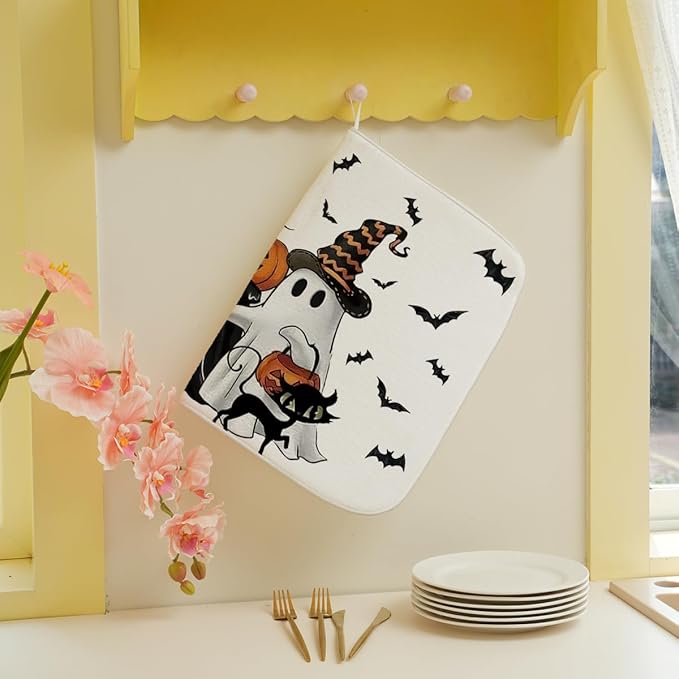 Halloween Dish Drying Mat 18 x 24 Inch Ghost Spooky Jack-O'-Lantern Pumpkin Drying Mat for Kitchen Counter Absorbent Black Cat Bats Dishes Dry Pad for Drainer Rack Kitchen Fast Dry