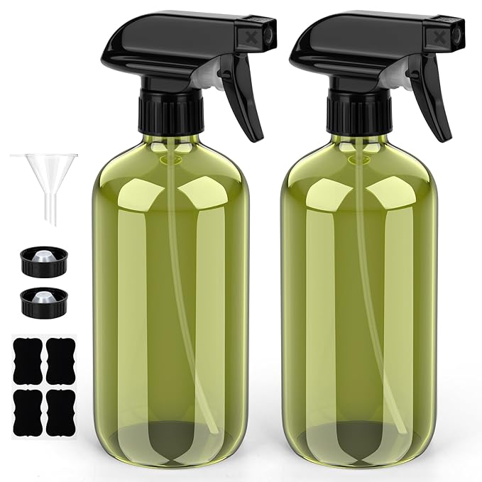 Bontip Glass Spray Bottle, Olive Green Glass Spray Bottle Set & Accessories Refillable for Plants Window Cleaners Aromatherapy Facial Hydration Watering Flowers Hair Care (2 Pack/16 oz) (Olive Green