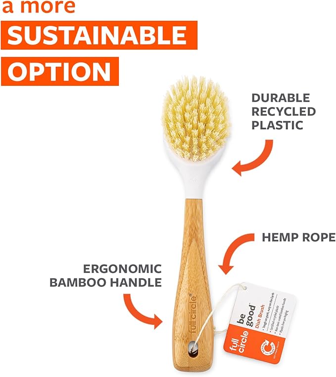 Full Circle Be Good-Bamboo Handle Dish Brush–Sustainable Kitchen Cleaning with Tough Bristles-Natural Dish Scrubber,Nonstick & Cast Iron Cleaner-Long Handle Brush for Dishes,Pots, and Pans,White