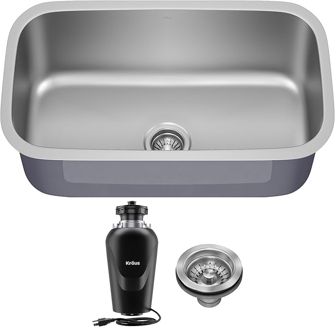 KRAUS Premier 31 1/2-inch Undermount Single Bowl 18-Gauge Stainless Steel Kitchen Sink with WasteGuard Continuous Feed Garbage Disposal, KBU14-100-75MB