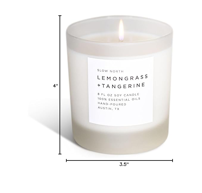 Slow North Lemongrass + Tangerine Candle - Essential Oils and Pure Soy Wax Candle in a Reusable Frosted Glass Jar - A Unique Scented Candle Hand-Poured in The USA (8 oz)