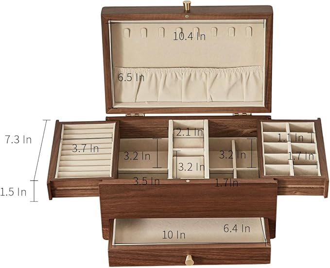 CHOSIN Black Walnut Wooden Jewelry Box for Women, 3 Level Multi-functional Drawer Organizer Box Watch Necklace Ring Earring Storage Valentine's Day Gifts