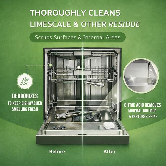 Dishwasher Cleaner and Deodorizer XL Tablets – Heavy-Duty Descaler & Odor Remover for Hard Water, Removes Spots & Residue, Enhance Drying & Shine, 12 Pack (1 Year Supply)