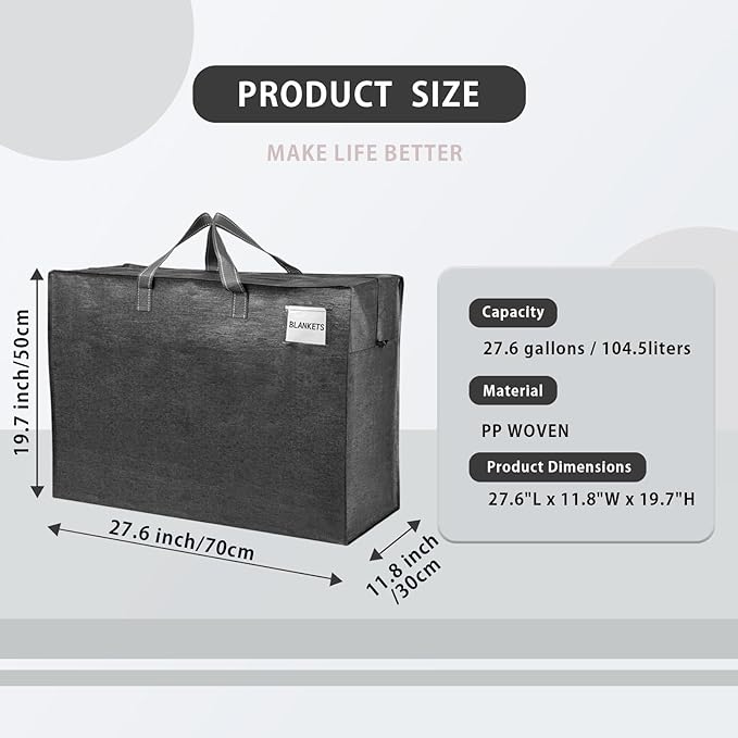 VENO 4 Pack Moving Bags, Christmas Storage Containers, Storage Totes, Zipper On Top, Sturdy, Storage Bags for Camping, Clothes, Bedding, Comforters, Pillows (27 Gallon Dark Gray, 4 Pack)