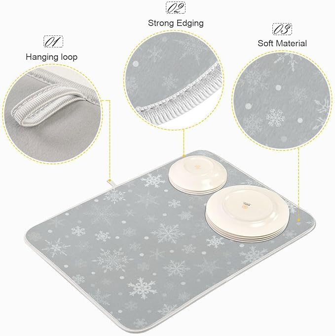Christmas Gray Snowflake Dish Drying Mat for Kitchen Winter Snow Xmas Grey Microfiber Drying Mats Absorbent Reversible Dish Pad Medium Dish Draining Mat 16x18 inch