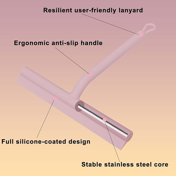 DEOFUXT Squeegee for Shower Glass Doors, Resilient Loop - No-Drill & Adhesive Hook, Silicone Shower Squeegee with Stainless Steel Core, Cleaning Tool for Home, Kitchen, Bathroom & Car - Pink