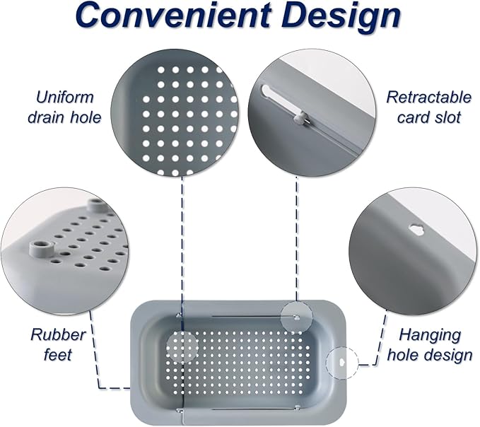 YUNKWONG Extendable Sink Colander Strainer Basket - Wash Vegetables and Fruits, Drain Cooked Pasta and Dry Dishes - Adjustable Over the Sink Colander Collapsible Drainer Basket -Gray