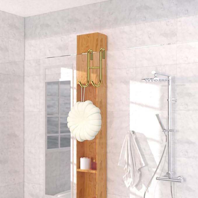 304 Stainless Steel Shower Door Hooks, Gold, 2 Pack Over Shower Glass Door Hook, Rack Hooks, Frameless, Bathroom Hanger, Drilling-Free, Glue-Free, Towel Hooks for 0.47inch Thickness Glass
