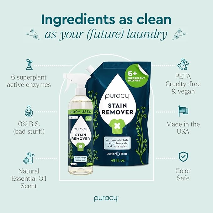 Puracy Stain Remover, Natural Based Travel and Laundry Stain Cleaner for Clothes, Baby Essentials, Kids Stains, Oil and Fabric Spot Cleaner, Unscented (Stain Remover Spray and Refill, 64 fl oz)