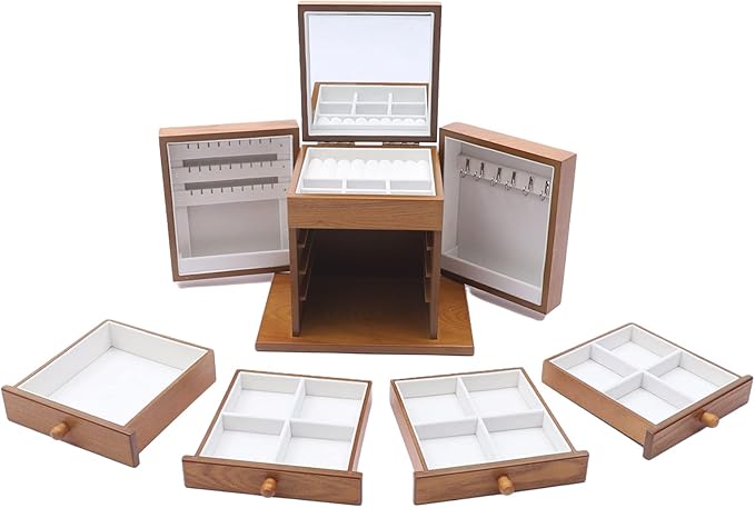 Large Wooden Jewelry Box 5 Layers Jewelry Storage with Mirror and 4 Drawers Gift for Women and Girls Necklace Ring Storage Box (Brown+Carving)