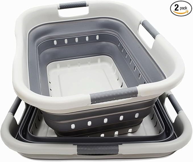 SAMMART 41L (10.8 gallon) Set of 2 Collapsible 3 Handled Plastic Laundry Basket-Foldable Pop Up Storage Container/Organizer-Space Saving Hamper/Basket (2, Grey/Dark Grey)