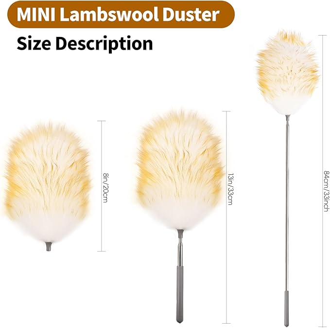 FeelfunFeather Mini Feathers Duster,Telescoping Lambswool Dusters with Stainless Steel Extension Pole Up to 34" for Cleaning High Ceiling Fan, High Ceilings,Furniture,Hard to Reach Areas
