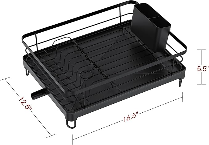 Sakugi Stainless Steel Dish Drying Rack for Kitchen Counter, Sink Organization and Storage Essentials with Silverware & Utensil Holder, Home and Apartment Decor, 12.5''W x 16.5'L, Black