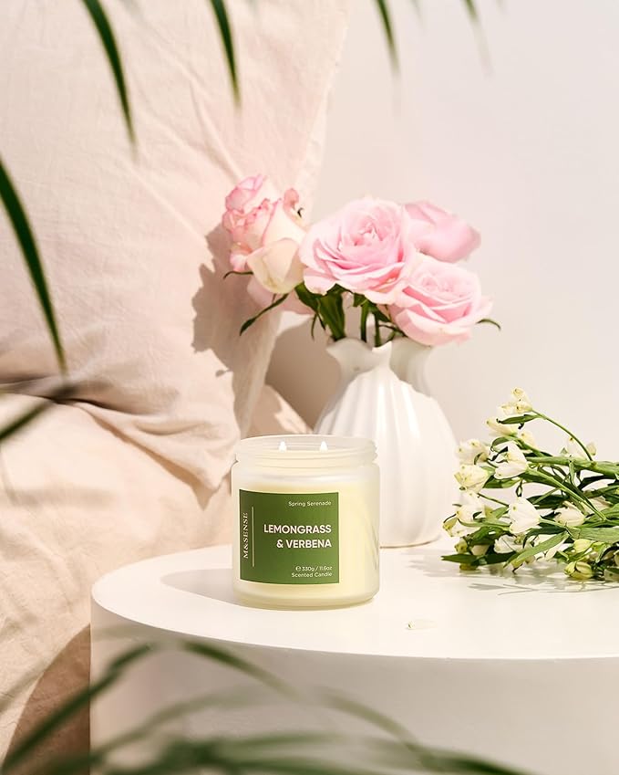M&SENSE Lemongrass Verbena Scented 11.6oz 70 Hours Burn Non Toxic Natural Soy Wax Long Lasting Summer Scented Candle for Home Decor Aromatherapy Best Smelling Gifts for Him