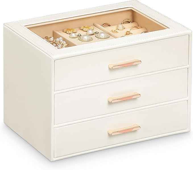 Homde Jewelry Box with Compartments for Women: Big Storage Organizer for Room - Necklace, Earring, Ring Holder for Dresser (White + Pink)