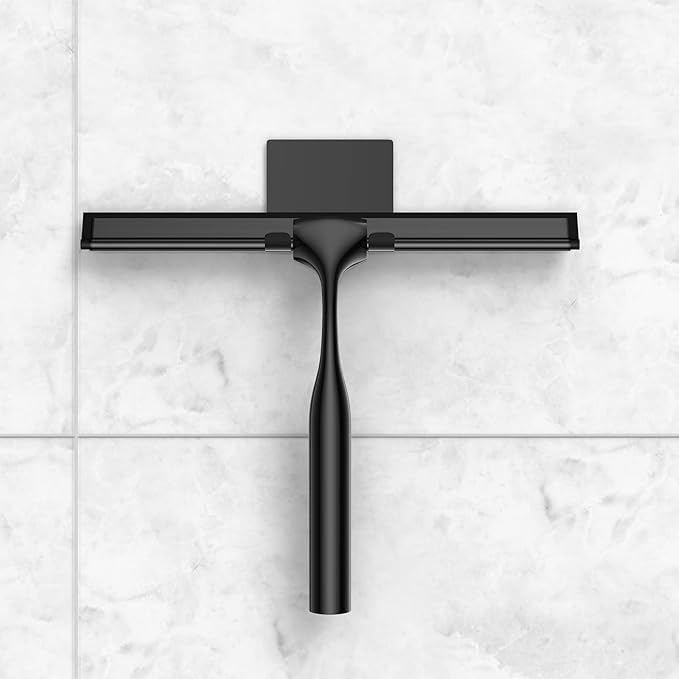 Shower Squeegee for Glass Doors, 10-Inch Stainless Steel Squeegee Bathroom Doors Mirror Car Windows with Matching Hooks Holder and Replacement Blade (Black)