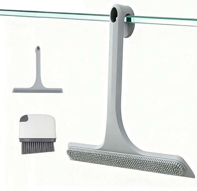 Mesiiloly 10.7“ Wide All-Purpose Shower Squeegee for Glass Doors, Squeegee for Shower Glass with Hook, Window Squeegee with Double-Ended Gap Brush Set for Shower, Bathroom, Car Glass, Mirror (Gray)