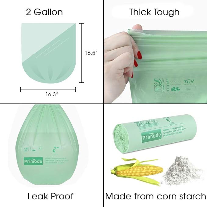 Compost Bags, Compostable Trash Bags 2.6 Gallon Compostable Bags, Small Compost Bags for Countertop bin Extra Thick 0.71 Mil. ASTM D6400 Certified By BPI and TÜV AUSTRIA (2.6 Gallon, 200 Units)