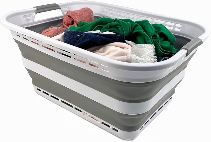 SAMMART 42L (11 Galloons) Collapsible Plastic Laundry Basket - Foldable Pop Up Storage Container/Organizer - Portable Washing Tub - Space Saving Hamper/Basket [BPA Free] (White/Grey (Set of 2))
