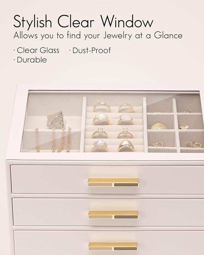 Vlando Jewelry Box for Women Girls,Jewelry Organzier,3 Drawers,Glass Lid Jewelry Organizer Storage for Gem Diamond Necklaces Rings Earrings Bracelets Apricot White