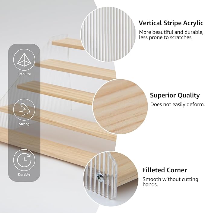 nianfeng Tiered Spice Rack, 5-Tier Spice Pantry Kitchen Cabinet Organizer, 12-Inch, Natural Wood Acrylic Stair Riser Stand, Countertop Seasoning Shelf