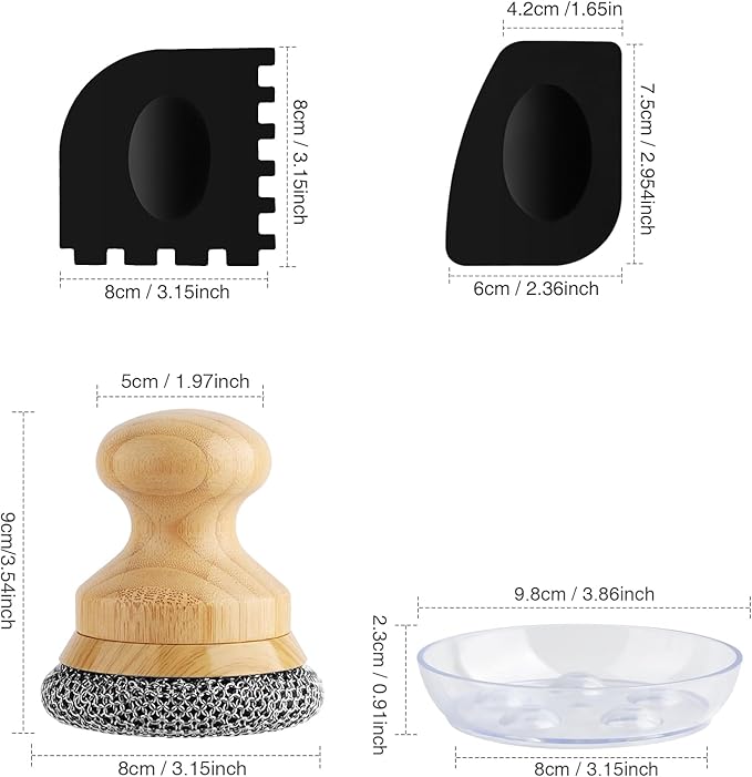 Cast Iron Scrubber and Scraper,Chain Mail Cleaner with Bamboo Handle & Draining Tray,316 Stainless Steel Brush for Cleaning Pots,Pans,Wok,Bakeware,Griddles, Grills(Small Chainmail,2pcs)
