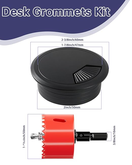 Desk Grommet & Cable Grommet 2 Inch (10 Pack) - Black Desk Hole Cover with Hole Saw - Cable Management Kit for Office, TV Stand, Workstation - Hide Wires Behind Wall, Cable Pass Through (50mm)