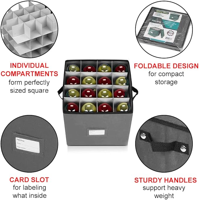 ProPik Christmas Ornament Storage Box, 4 Tier Holds Up to 64 Holiday Ornaments Decoration Balls, Storage Container with Dividers, Made with Durable 600D Oxford Polyester Material (Gray)