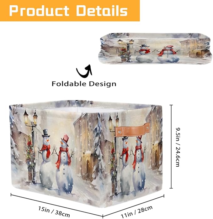 Storage Baskets Bin, Christmas Winter Snowman Collapsible Canvas Fabric Storage Bin Decorative Baskets Toy Organizer Rectangle Storage Boxes with Handles for Home Shelves Nursery, J-018