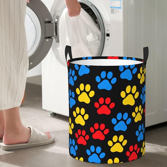 Laundry Hamper, Colorful Paw Print Pattern, Collapsible Polyester Storage Basket with Handles, 15.7x19.6 Inches (Colorful Paw)