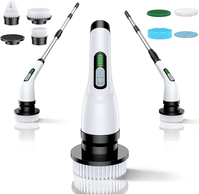 VigorDay Electric Spin Scrubber - Cordless Bathroom Scrubber with 7 Brush Heads - Dual Speed IPX7 Waterproof Power Scrubber for Heavy-Duty Bathtub, Glass, Tile, and Car Cleaning (White)