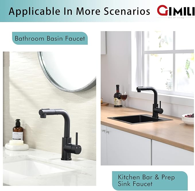 GIMILI Modern Bar Sink Faucet for Kitchen Sink Single Handle with Pull Out Sprayer Hot and Cold Prep Sink Faucet Matte Black