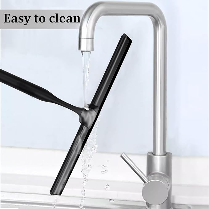 Windran 10-Inch Shower Squeegee for Glass Doors, Stainless Steel Shower Squeegee with Shower Door Hook & Adhesive Hook, Multi-Purpose Bathroom Squeegee for Glass, Door, Mirror and Window (Black)