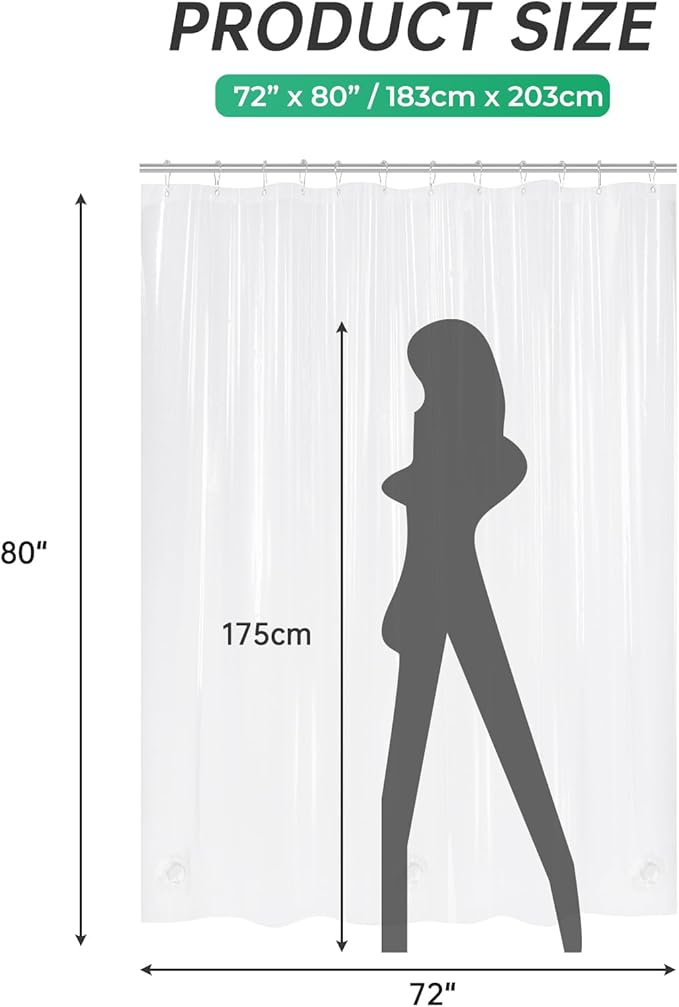 AmazerBath Long Shower Curtain 80 Inches Clear Shower Curtain Plastic Premium PEVA, Heavy Duty 8G Weighted Shower Curtains for Bathroom with 3 Big Stones and 12 Grommets, 72x80 Inches
