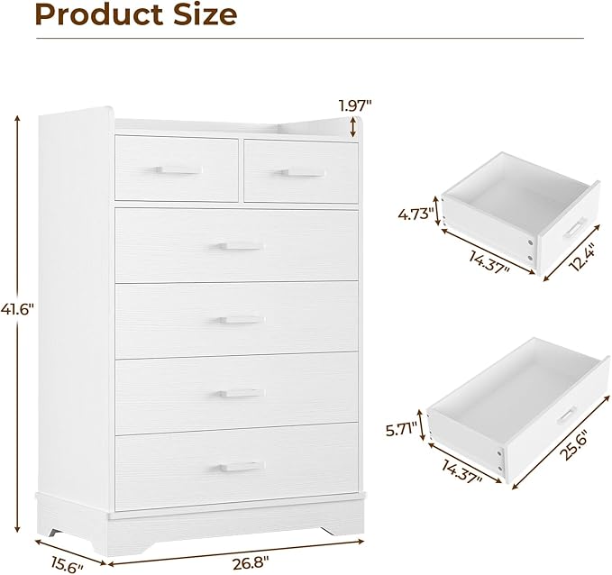Hasuit White 6 Drawer Dresser, Wooden Storage Chest of 6 Drawers, Vertical Large Capacity Clothing Storage Organizer, Tall Dressers for Bedroom, Hallway, Entryway