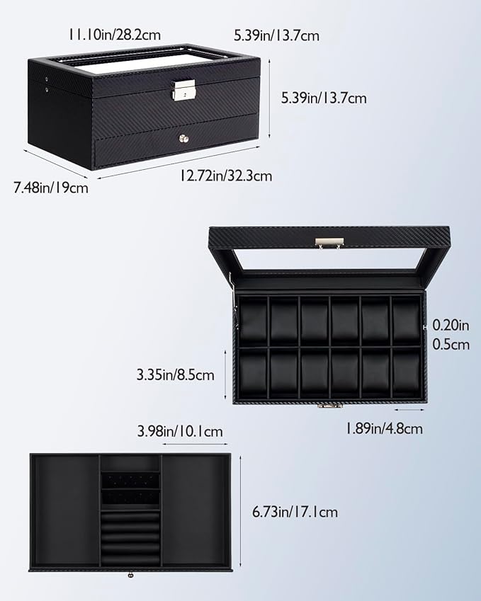 GUKA Watch Box, 12 Slot Watch Case, Watch Cases for men with Real Glass Lid, Synthetic Leather Watch Organizer storage with Jewelry Case, Birthday for Men and Women, Black, GK-012-BKCX