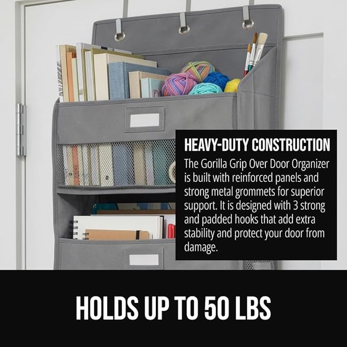 GORILLA GRIP Large Capacity Closet Organizer, 5 Deep Shelves, Holds 50lbs, Over The Door Organizers 6 Mesh Pockets, Shelf Storage for Clothes Crafts Dorm Essentials, 3 Metal Hooks, 58x15 Inches, Gray