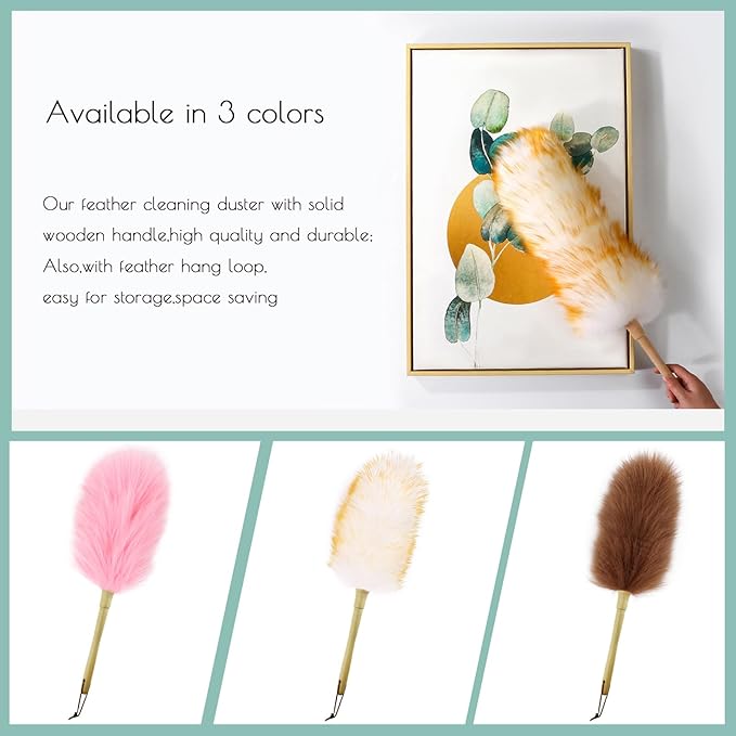 iHUFeather Lambs Wool Duster for Cleaning Window Blinds Computer Furniture TV Computer Screens Bookshelves Solid Wooden Handle Natural Feather Duster,16'', Yellow&White
