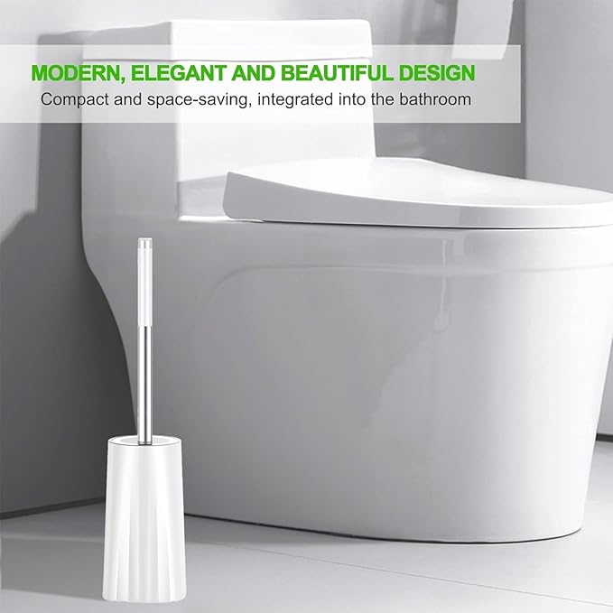 Toilet Brush and Holder Set, 2 Pack Toilet Bowl Brush with Stainless Steel Handle, Drip-Proof, Easy to Clean for Bathroom White